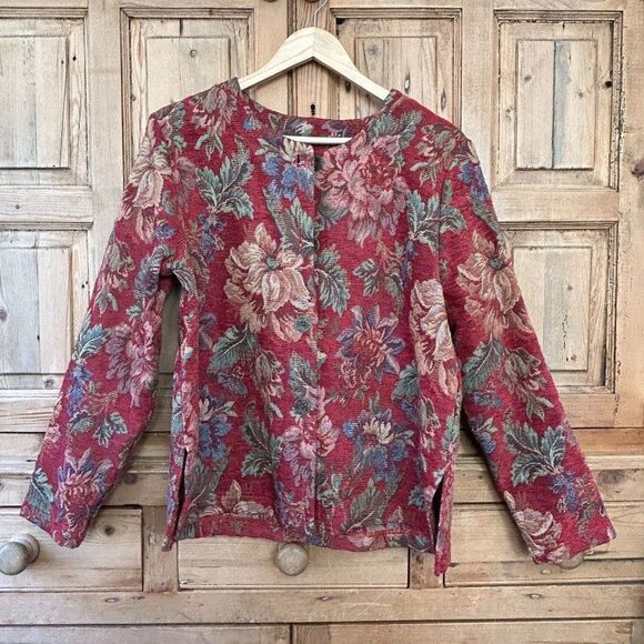Coldwater Creek Womens Large Red Floral Tapestry‎ Blazer Jacket Traditional - Picture 1 of 6